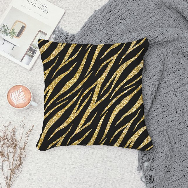 Feminine Chic Luxury Black Gold Classy Zebra Print Throw Pillow (Creator Uploaded)