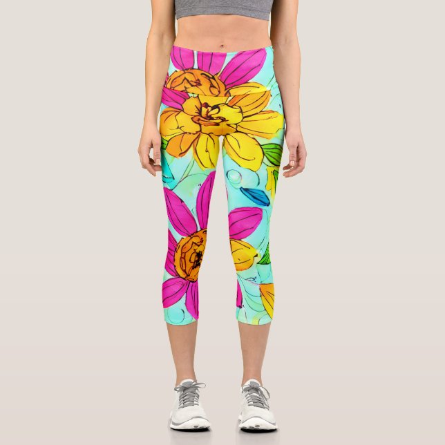 Feminine colourful floral Blue background cute Capri Leggings (Front)