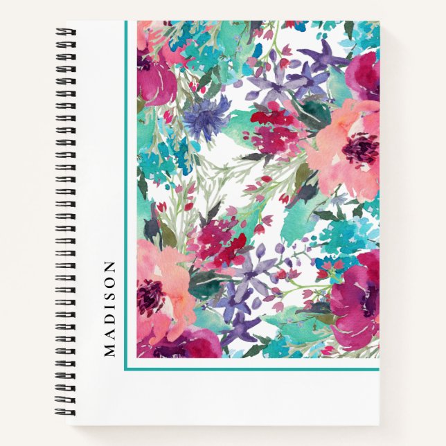Feminine Colourful Watercolor Floral Pattern Notebook (Front)