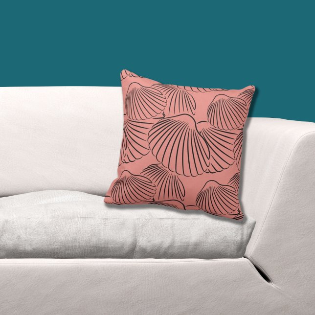 Feminine Coral & Black Seashell Pattern Throw Pillow (Pink Pillow With Black Shell Pattern)