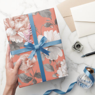 Feminine Coral Blossom White Floral Pattern Wrapping Paper