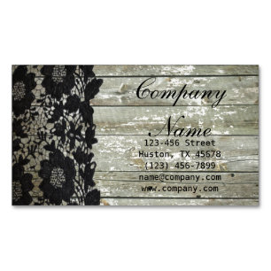 Feminine country chic black lace barn wood 	Magnetic business card