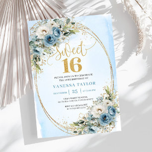 Feminine Dusty Blue Floral Sweet Sixteen Invite