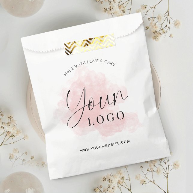 Feminine Elegant Company Logo Paper Shopping Bags (Elegant pink watercolor paper bag design with custom logo and your website)