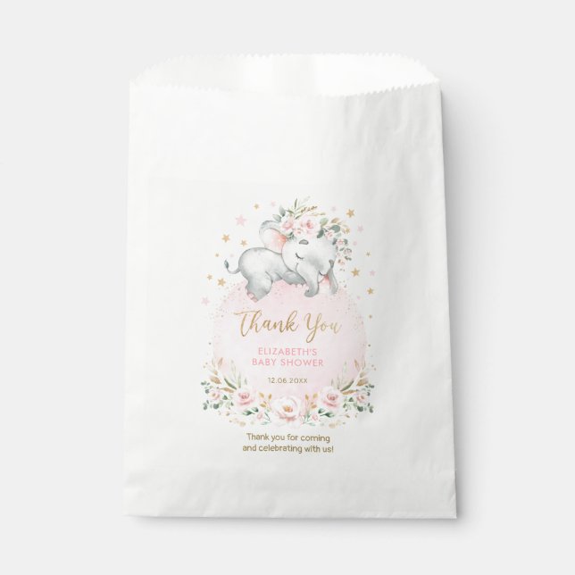 Feminine Elephant Pink Blush Floral Baby Shower Favour Bag (Front)