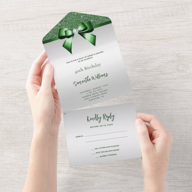 Feminine Emerald Gem Bow & Glitter Birthday All In One Invitation (Tearaway)