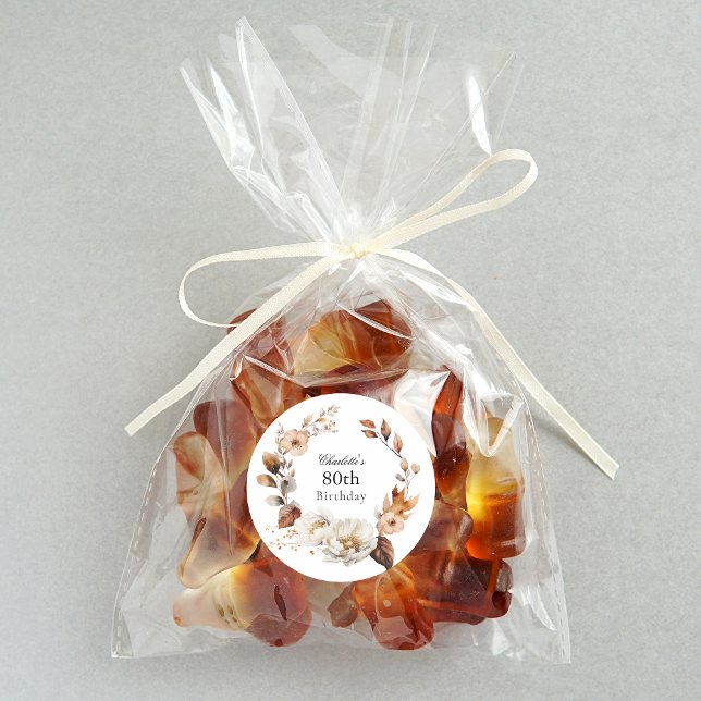 Feminine Fall Floral 80th Birthday Party Classic Round Sticker (Creator Uploaded)