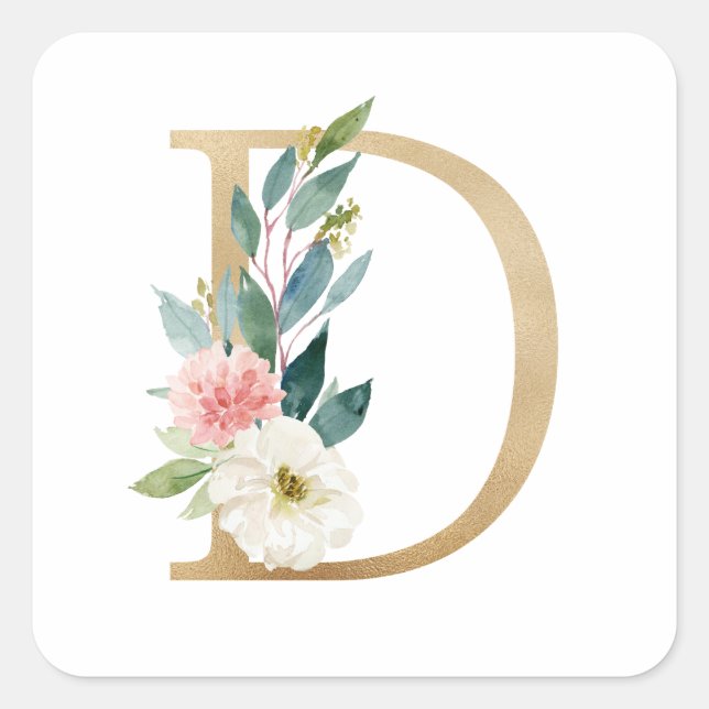 Feminine Faux Gold Foil Floral Letter D Monogram Square Sticker (Front)