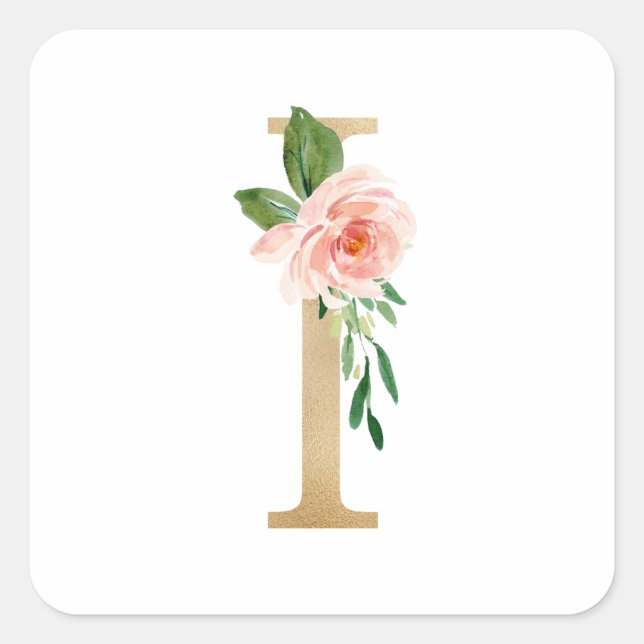 Feminine Faux Gold Foil Floral Letter I Monogram Square Sticker (Front)