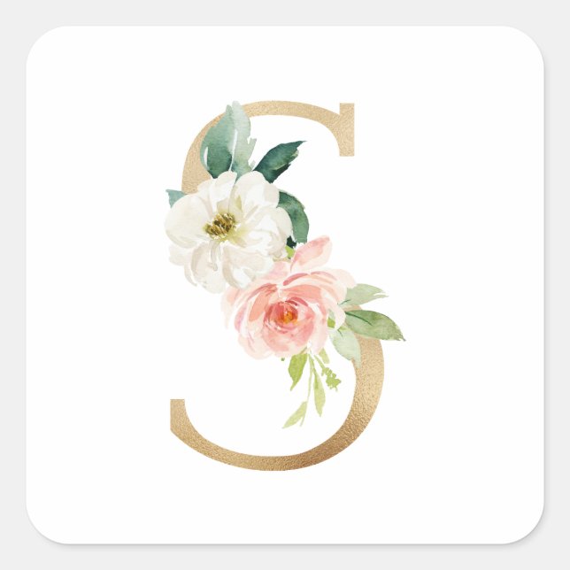 Feminine Faux Gold Foil Floral Letter S Monogram Square Sticker (Front)