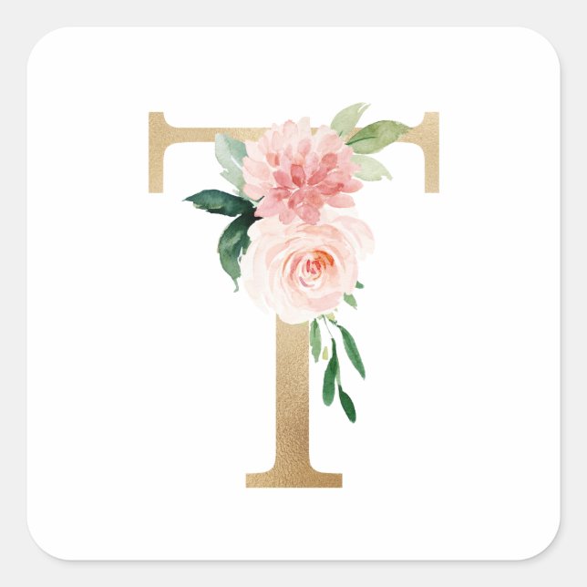 Feminine Faux Gold Foil Floral Letter T Monogram Square Sticker (Front)