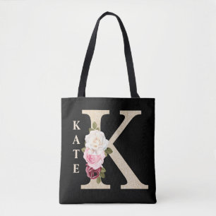 Feminine Faux Gold glitte Floral Letter K Monogram Tote Bag