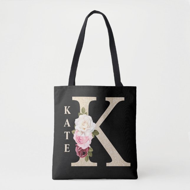 Feminine Faux Gold glitte Floral Letter K Monogram Tote Bag (Front)