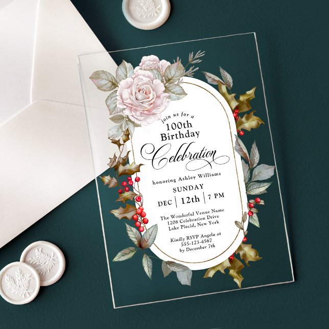 Feminine Floral December 100th Birthday Party Acrylic Invitations (Creator Uploaded)