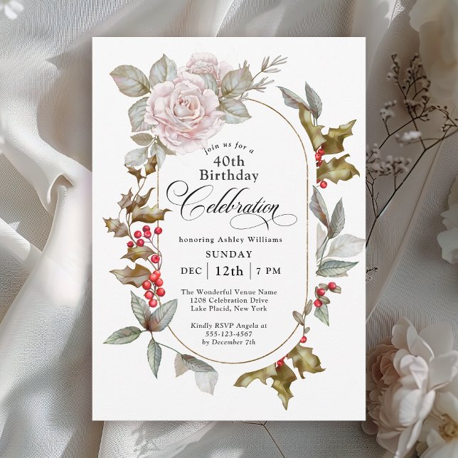 Feminine Floral December 40th Birthday Celebration Invitation (Available in both printed and paperless instant download formats.)