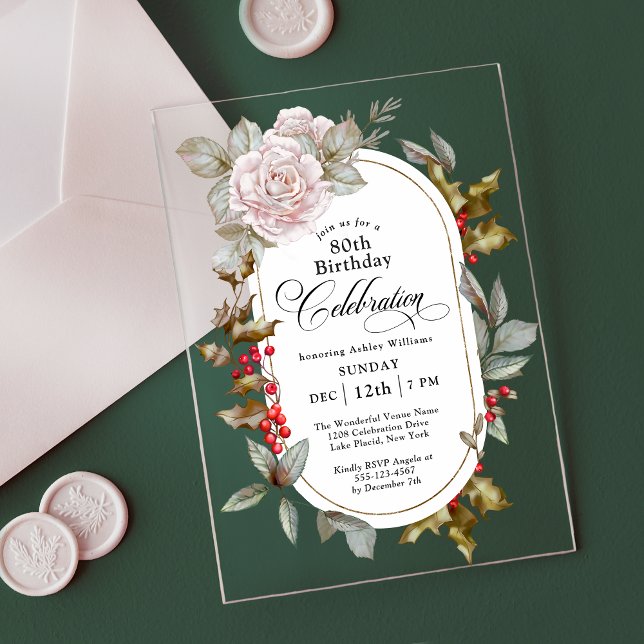 Feminine Floral December 80th Birthday Celebration Acrylic Invitations (Creator Uploaded)