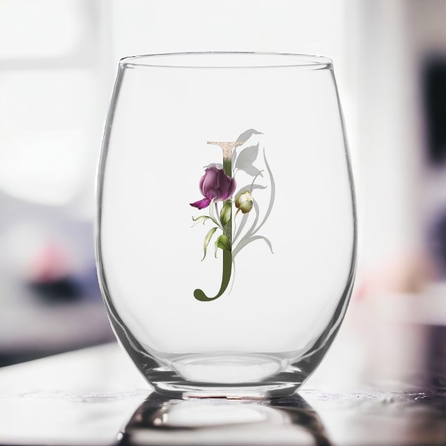 Feminine Floral Monogram Letter J Stemless Wine Glass (Creator Uploaded)