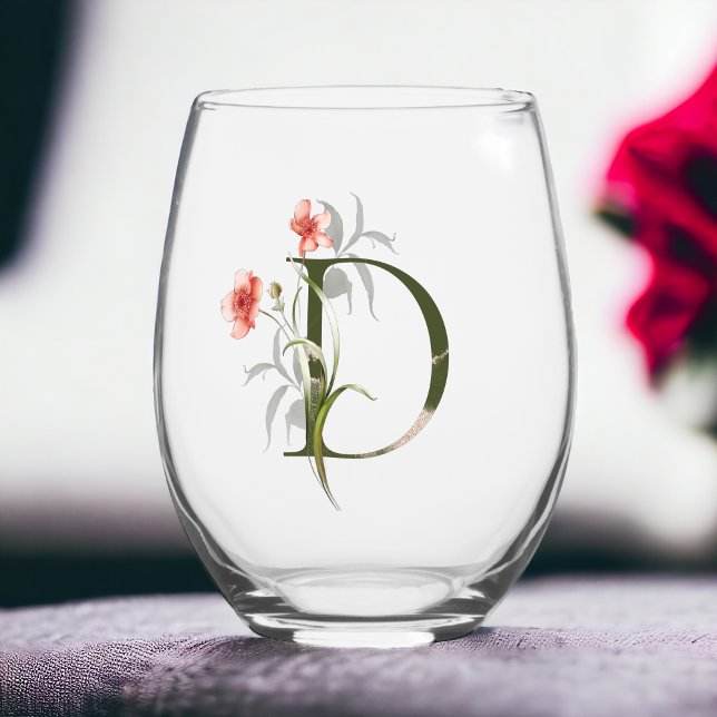 Feminine Floral Monogram The Letter D Stemless Wine Glass (Creator Uploaded)