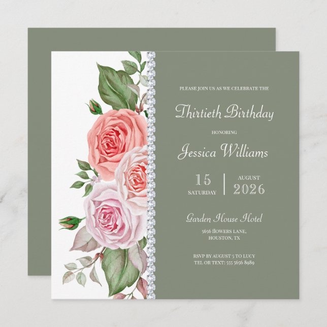 Feminine Floral, Sage & Diamond 30th Birthday Invitation (Front/Back)