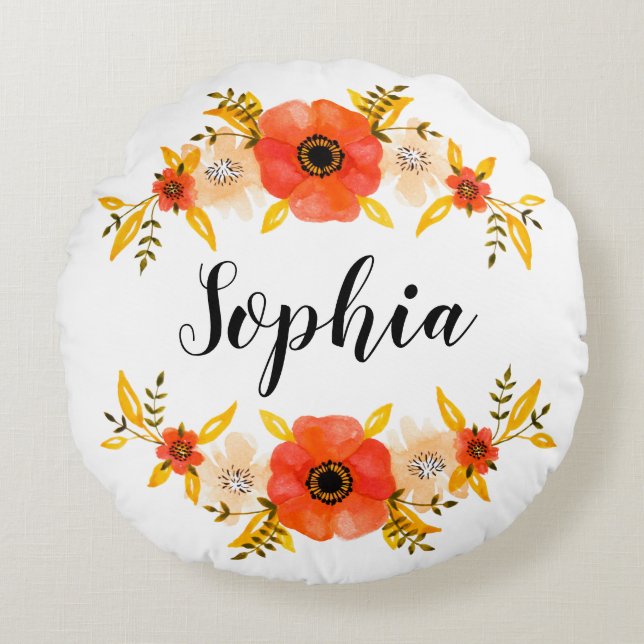 Feminine Floral Watercolor Wreath Custom Text Round Pillow (Front)