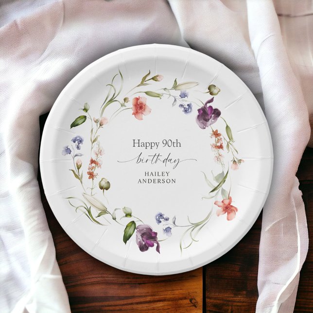 Feminine Floral Wreath Happy 90th Birthday Paper Plate (Available in 2 sizes; 7-inch diameter and 9-inch diameter)