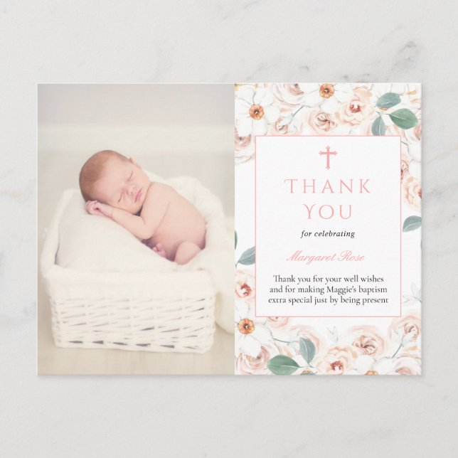 Feminine Flowers Baptism Photo Thank You Card (Front)