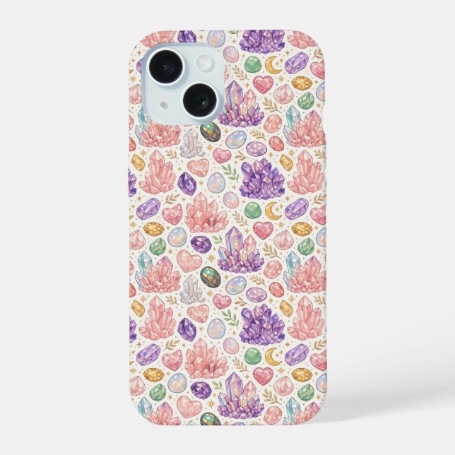 Feminine Gemstone Seamless Pattern iPhone 15 Case (Back)