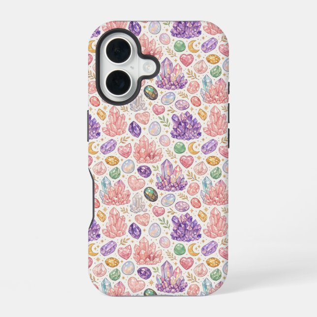 Feminine Gemstone Seamless Pattern iPhone 16 Case (Back)