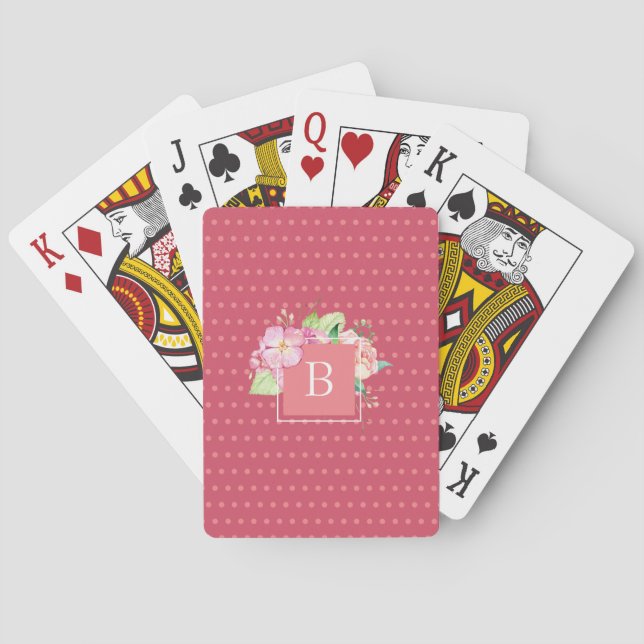 Feminine Girly Chic Monogrammed Pink Floral Playing Cards (Back)