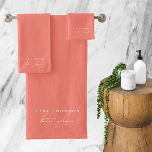 Feminine Girly Coral Signature Script Monogram Bath Towel Set