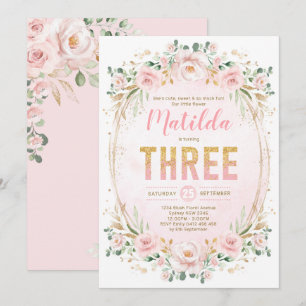 Feminine Glam Blush Floral Pink Gold 3rd Birthday Invitation