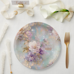 Feminine Gold Purple White Flowers Paper Plate