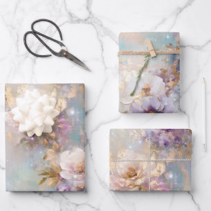 Feminine Gold Purple White Flowers Wrapping Paper Sheet