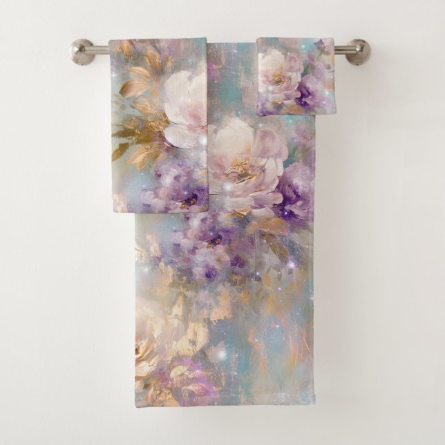 Feminine Gold White Flowers Bath Towel Set (Insitu)