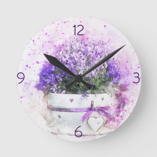 Feminine, lavender and purple flowers bouquet round clock