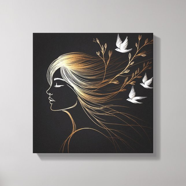 Feminine Line Art Profile with Gold Birds and Bran Canvas Print (Front)