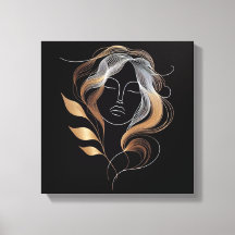 Feminine Line Art with Golden Leaf Flow