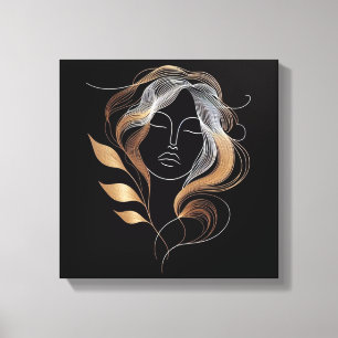 Feminine Line Art with Golden Leaf Flow Canvas Print