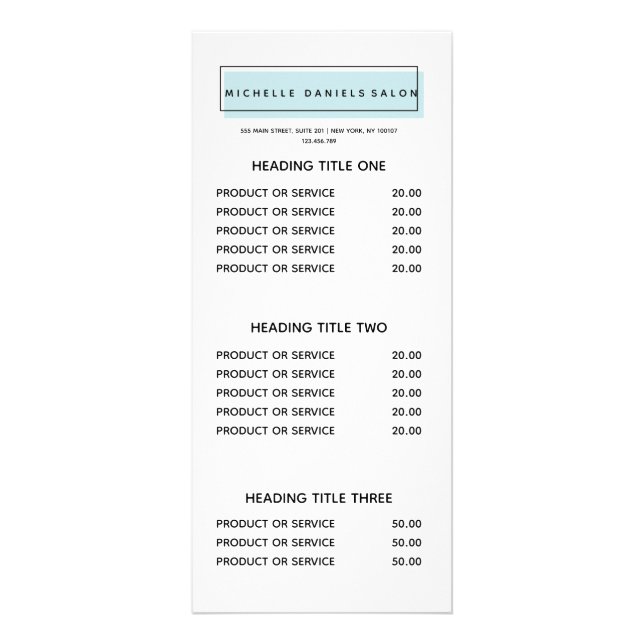 Feminine Logo | Blue | Hair  Salon price list Rack Card (Front)
