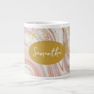 Feminine Marbled Pink & Gold Custom Name Large Coffee Mug