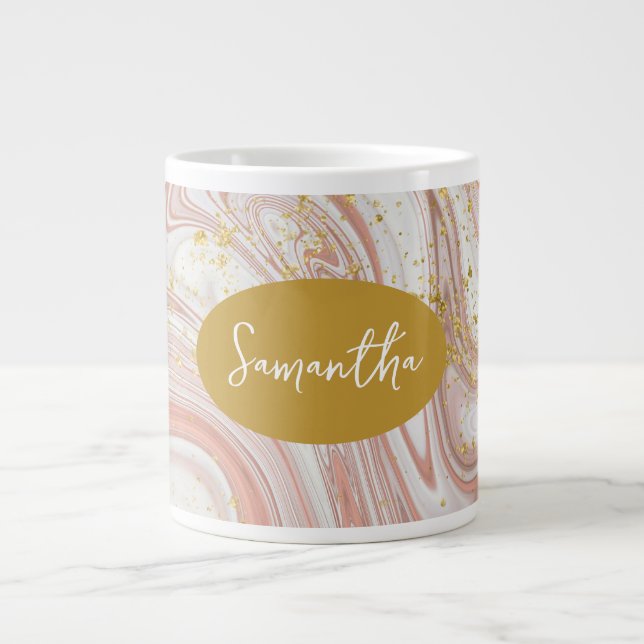 Feminine Marbled Pink & Gold Custom Name Large Coffee Mug (Front)
