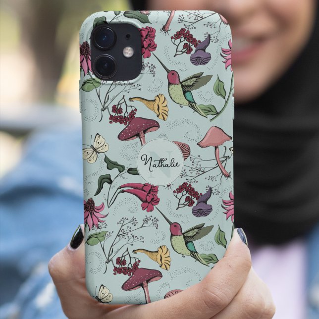 Feminine Mint Blue Hummingbird Garden Case-Mate iPhone Case (Chic Mint Custom Monogram & Name Hand-Drawn Hummingbird, Flowers & Mushrooms Illustration)