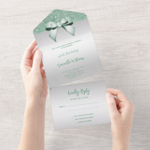 Feminine Mint Gem Bow & Glitter Birthday All In One Invitation