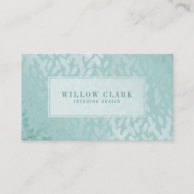 Feminine Mint Green Gold Willow Tree Leaf Pattern Business Card (Front)