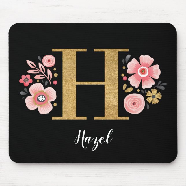 Feminine Monogram Initial Pink Black Letter H Mouse Pad (Front)