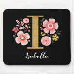 Feminine Monogram Initial Pink Black Letter I Mouse Pad<br><div class="desc">A beautiful, feminine monogrammed pink floral mouse pad, featuring pink flowers and a faux gold monogram letter I on a black background. Personalize the mouse pad by adding your name underneath the monogram. Makes a fun gift for a friend or for a bridesmaid gift. Designed for you by Blackberry Boulevard....</div>