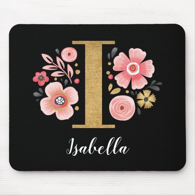 Feminine Monogram Initial Pink Black Letter I Mouse Pad (Front)