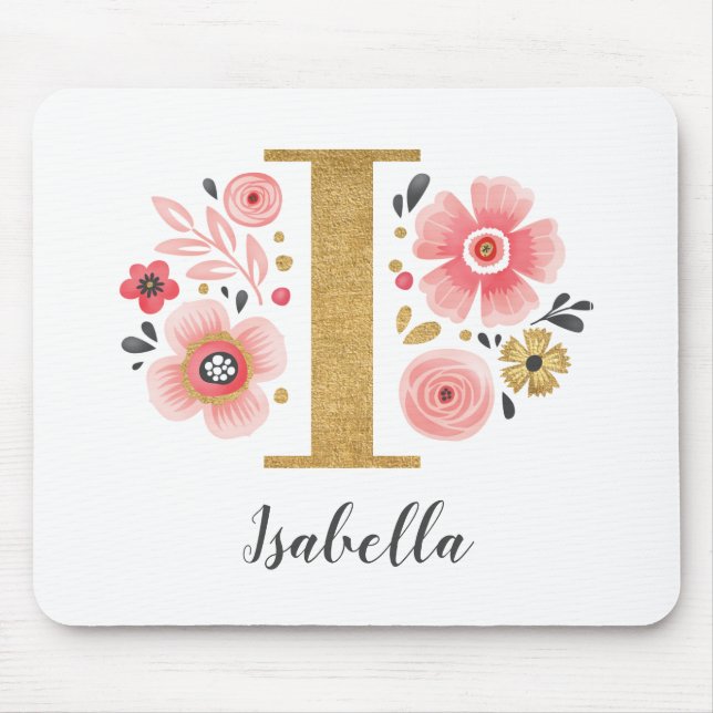 Feminine Monogram Initial Pink Gold Letter i Mouse Pad (Front)