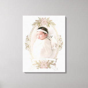 Feminine oval frame ribbon and holiday greenery canvas print