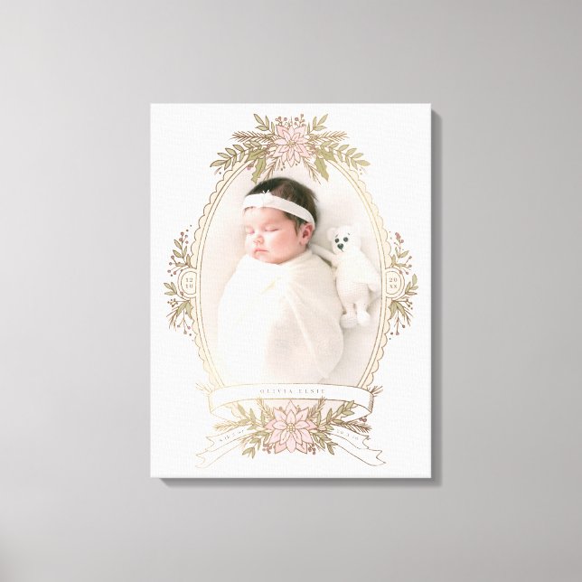 Feminine oval frame ribbon and holiday greenery  canvas print (Front)